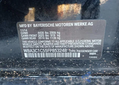 2015 BMW 328 I Sulev z USA, uszkodzony, nr VIN WBA3C1C55FP853248
